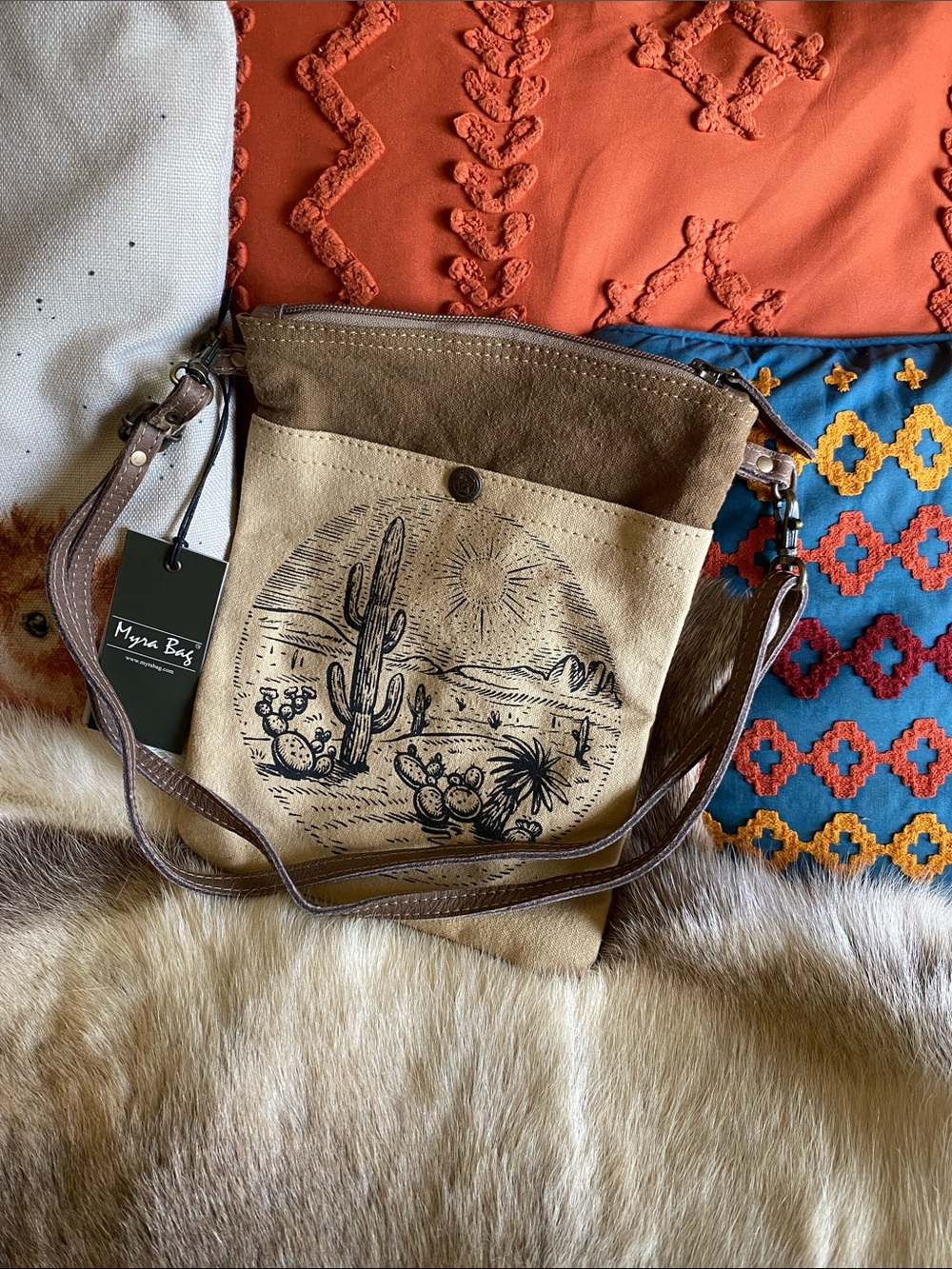 Myra Bag Tan & Brown Desert Scene Canvas Crossbody
